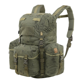 Zaino bushcraft Helikon-Tex Bergen Backpack da 25 litri in Cordura 500D, con tasche passanti per l'ascia, camino regolabile, scomparto per sacca idrica e cinghie di espansione, colore Desert Night Camo