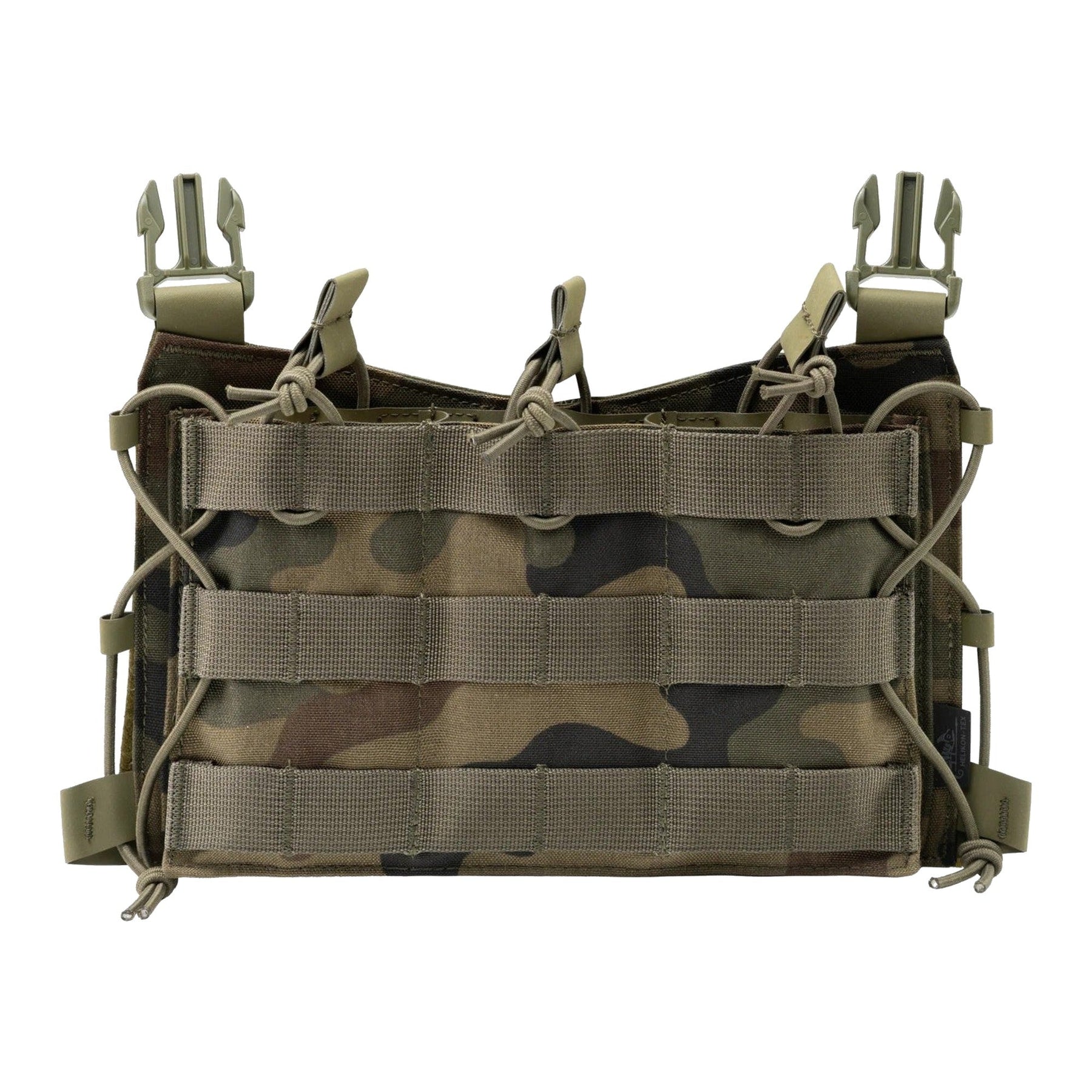 Pannello frontale Helikon-Tex Guardian Flap in Cordura porta caricatori per il Guardian Plate Carrier, con tre tasche, elastico di ritenuta e pannellatura MOLLE/PALS, colore PL Woodland