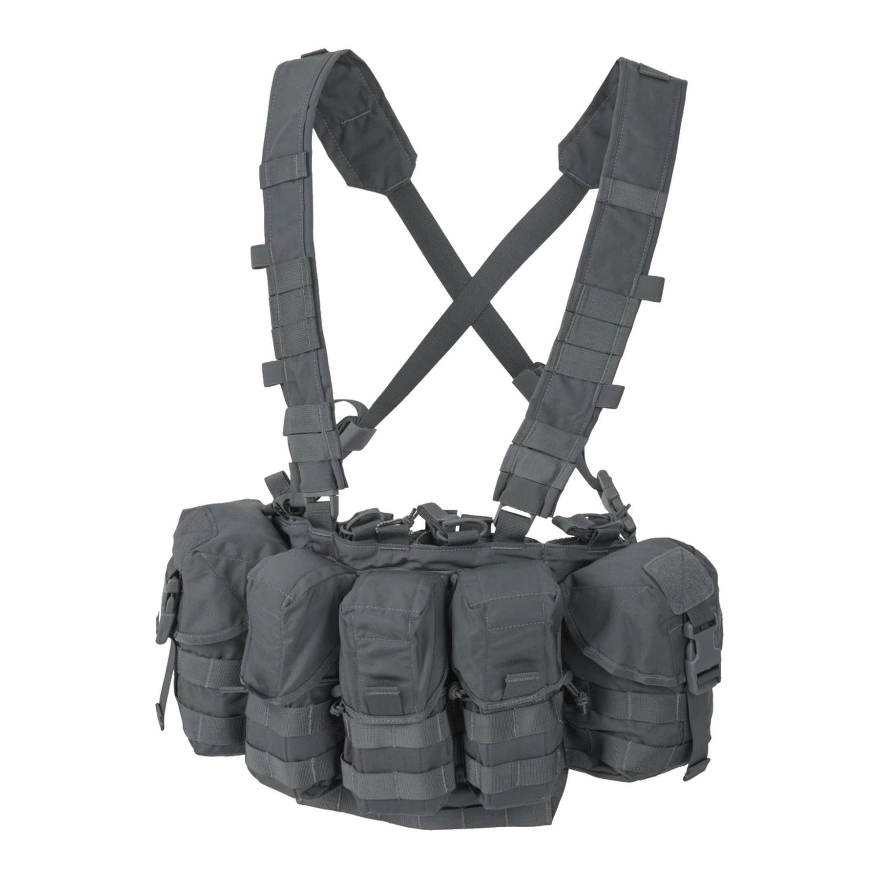 Chest rig tattico Helikon-Tex Guardian in Cordura 500D portacaricatori, con bretelle a sgancio rapido, cintura ventrale removibile, fodera in rete e fori di drenaggio, colore Shadow Grey