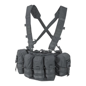 Chest rig tattico Helikon-Tex Guardian in Cordura 500D portacaricatori, con bretelle a sgancio rapido, cintura ventrale removibile, fodera in rete e fori di drenaggio, colore Shadow Grey