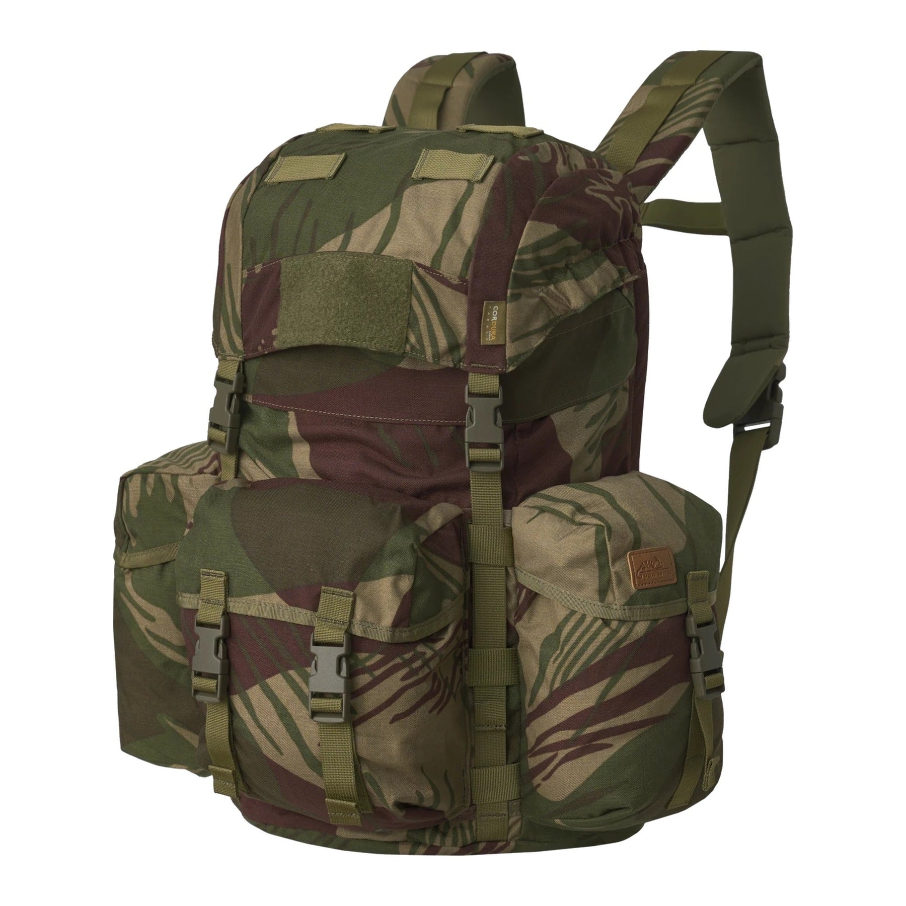 Zaino bushcraft Helikon-Tex Bergen Backpack da 25 litri in Cordura 500D, con tasche passanti per l'ascia, camino regolabile, scomparto per sacca idrica e cinghie di espansione, colore Rhodesian Camo