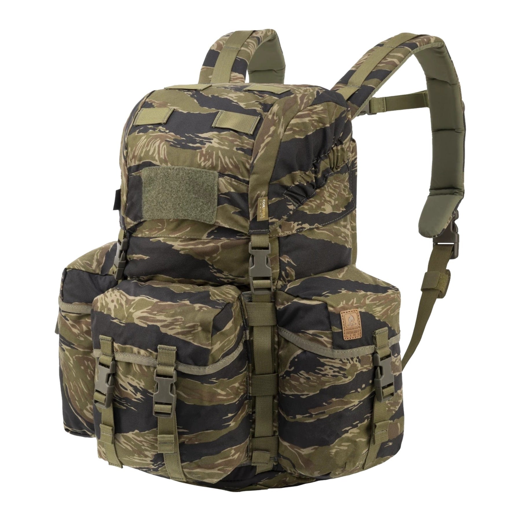 Zaino bushcraft Helikon-Tex Bergen Backpack da 25 litri in Cordura 500D, con tasche passanti per l'ascia, camino regolabile, scomparto per sacca idrica e cinghie di espansione, colore Tiger Stripe