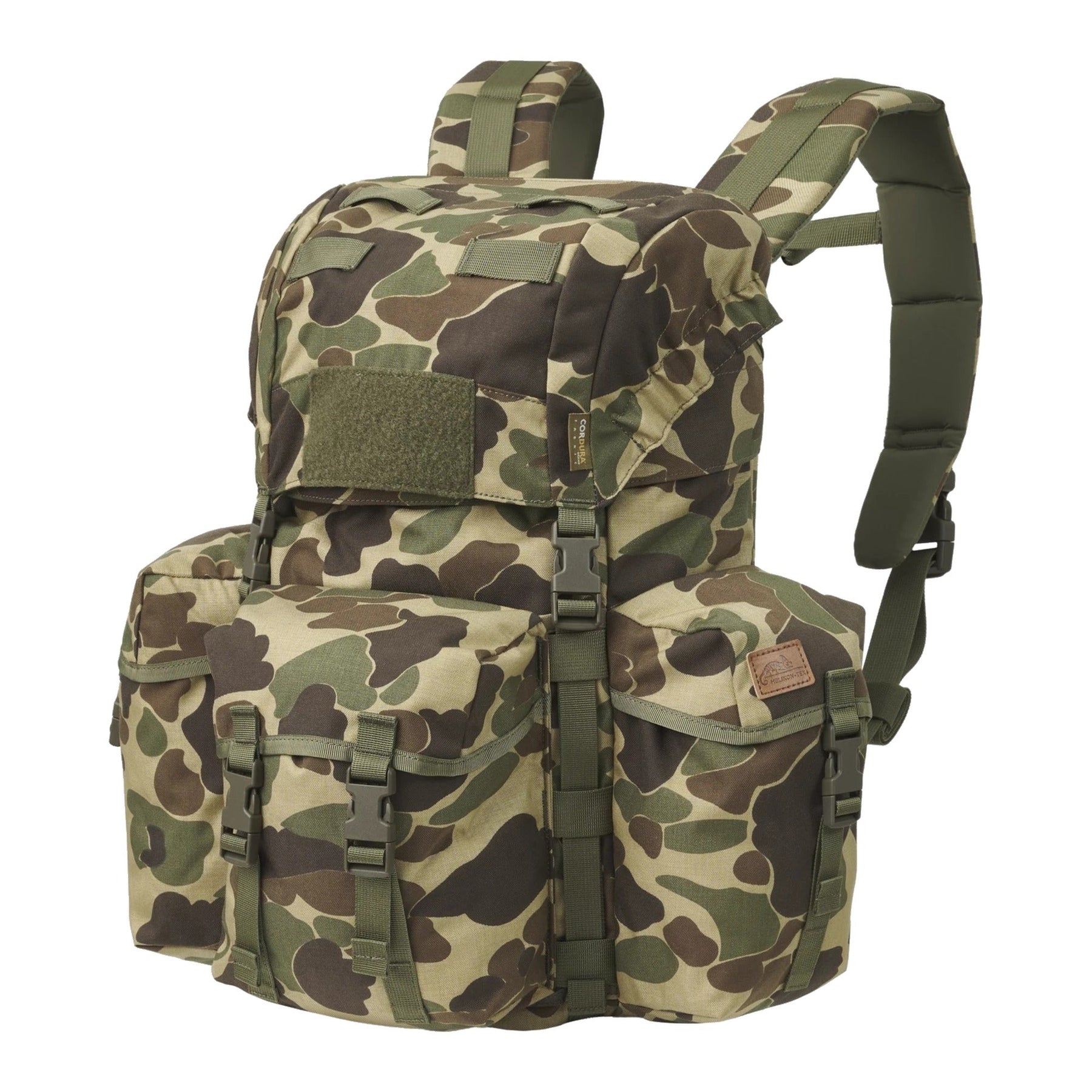 Zaino bushcraft Helikon-Tex Bergen Backpack da 25 litri in Cordura 500D, con tasche passanti per l'ascia, camino regolabile, scomparto per sacca idrica e cinghie di espansione, colore Duck Hunter