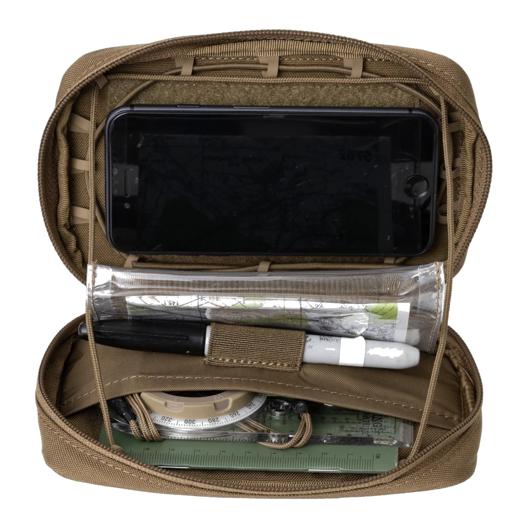 Tasca admin Helikon-Tex Guardian in Cordura per telefono e mappe, con tasche trasparenti, adattatore a velcro e aggancio MOLLE/PALS, aperta con telefono e appunti