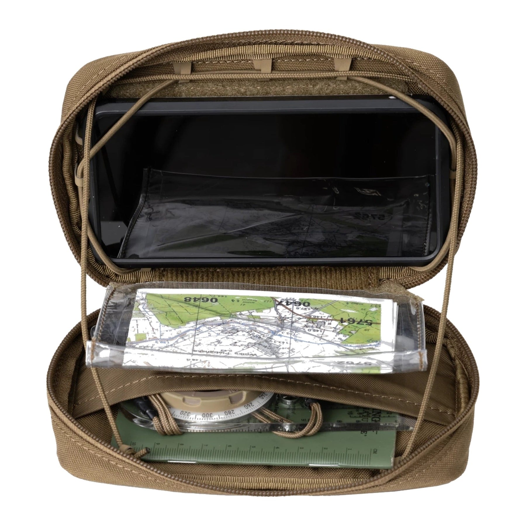 Tasca admin Helikon-Tex Guardian in Cordura per telefono e mappe, con tasche trasparenti, adattatore a velcro e aggancio MOLLE/PALS, aperta con la mappa