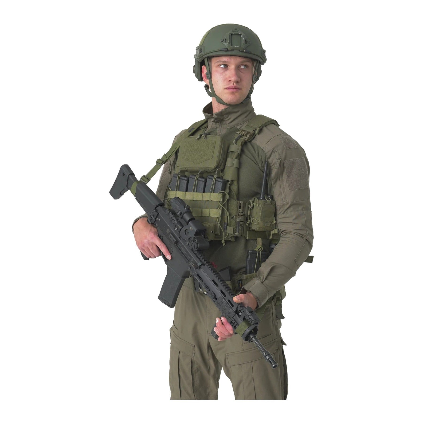 Tasca admin Helikon-Tex Guardian in Cordura per telefono e mappe, con tasche trasparenti, adattatore a velcro e aggancio MOLLE/PALS, indossata sul gilet