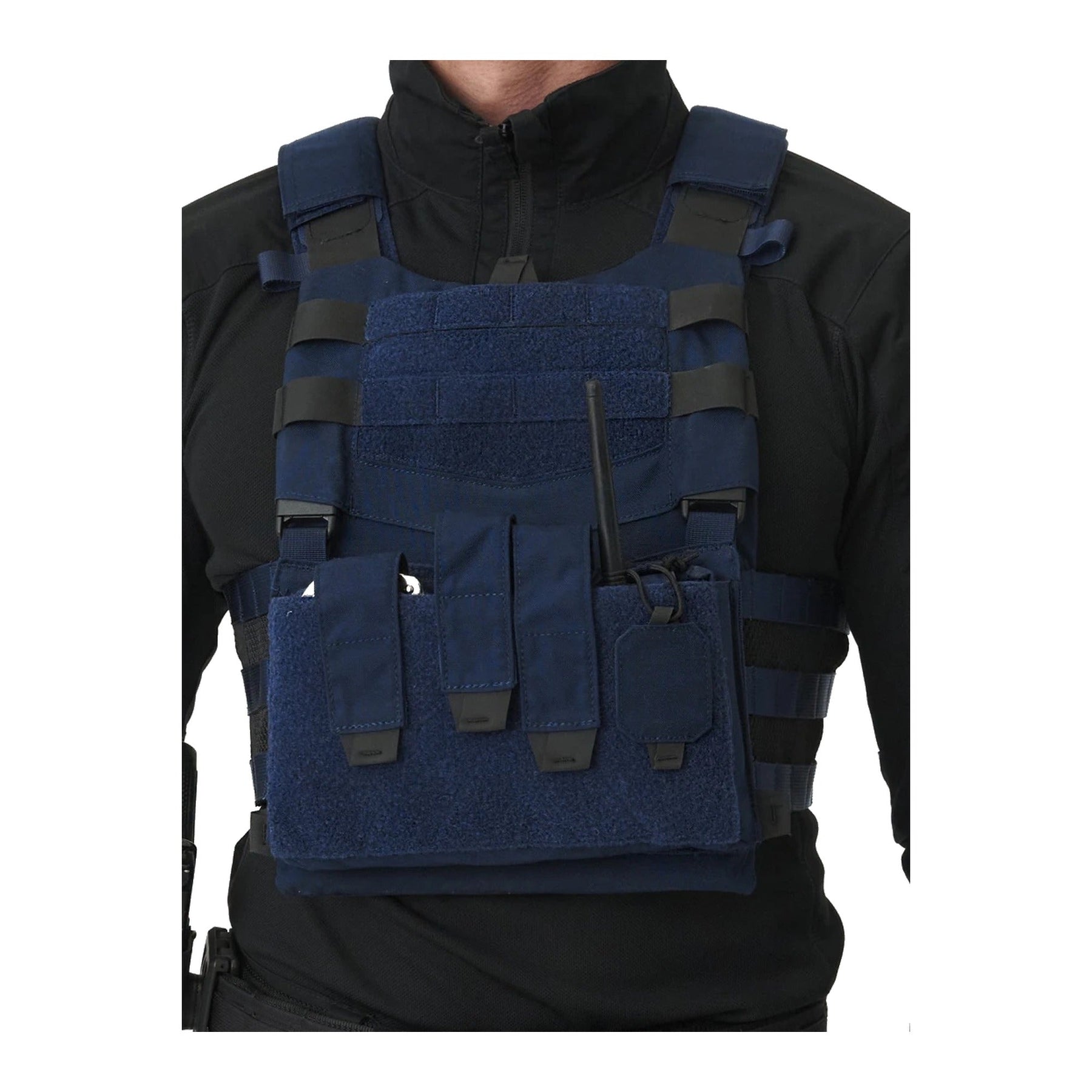 Set tattico Helikon-Tex Guardian Law Enforcement in Cordura 500D colore Sentinel Blue, con plate carrier, cummerbund, kangaroo flap e inserto Law Enforcement, in azione