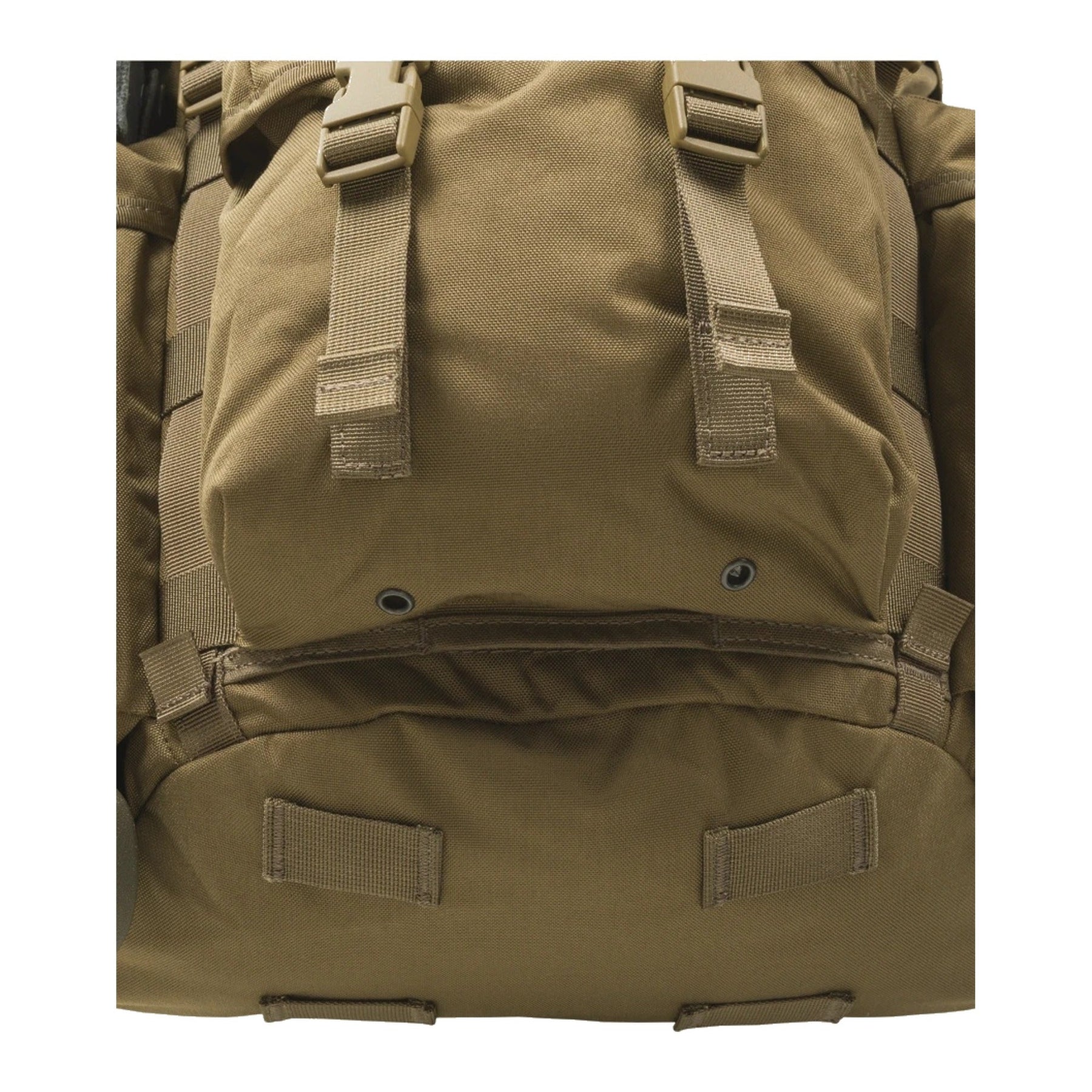 Zaino bushcraft Helikon-Tex Bergen Backpack da 25 litri in Cordura 500D, con tasche passanti per l'ascia, camino regolabile, scomparto per sacca idrica e cinghie di espansione, dettaglio dello zaino