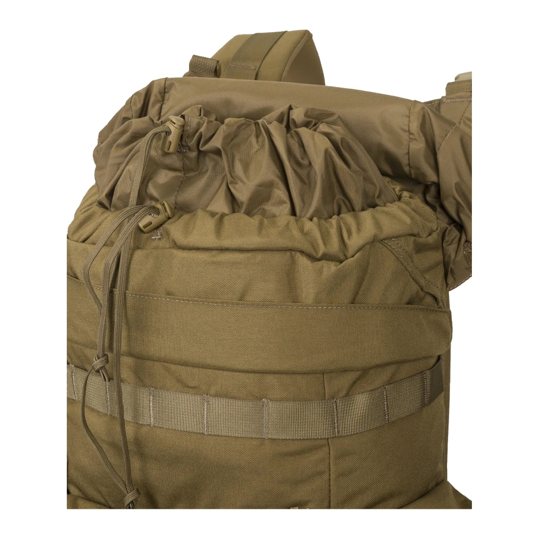 Zaino bushcraft Helikon-Tex Bergen Backpack da 25 litri in Cordura 500D, con tasche passanti per l'ascia, camino regolabile, scomparto per sacca idrica e cinghie di espansione, dettaglio dello zaino