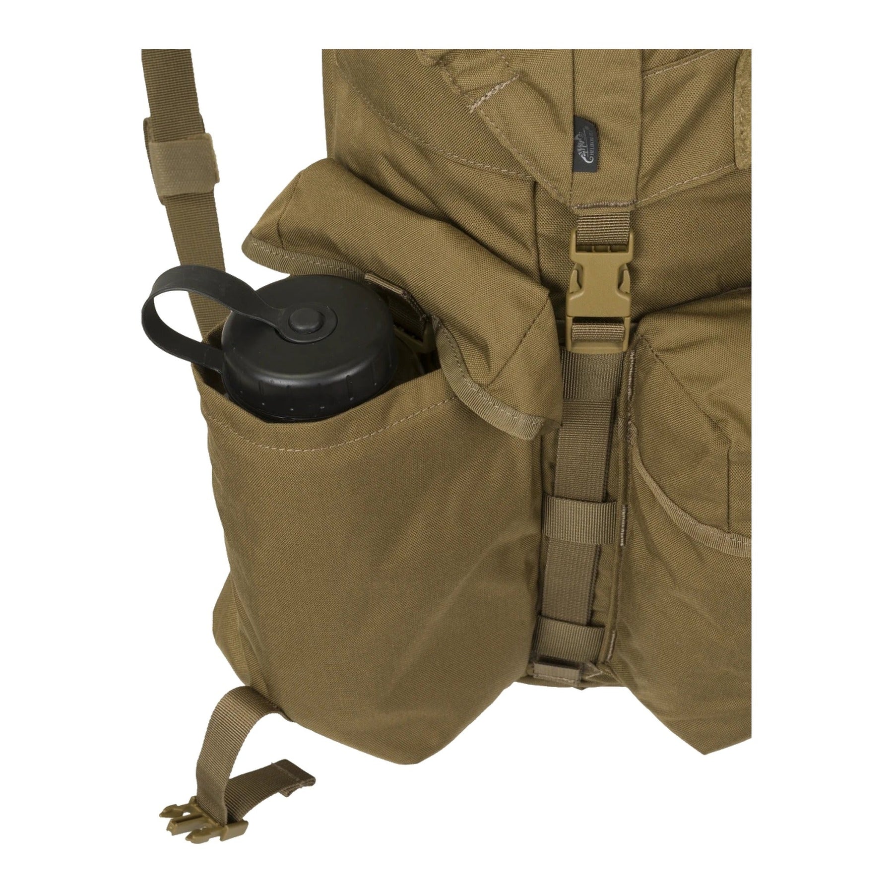 Zaino bushcraft Helikon-Tex Bergen Backpack da 25 litri in Cordura 500D, con tasche passanti per l'ascia, camino regolabile, scomparto per sacca idrica e cinghie di espansione, dettaglio dello zaino
