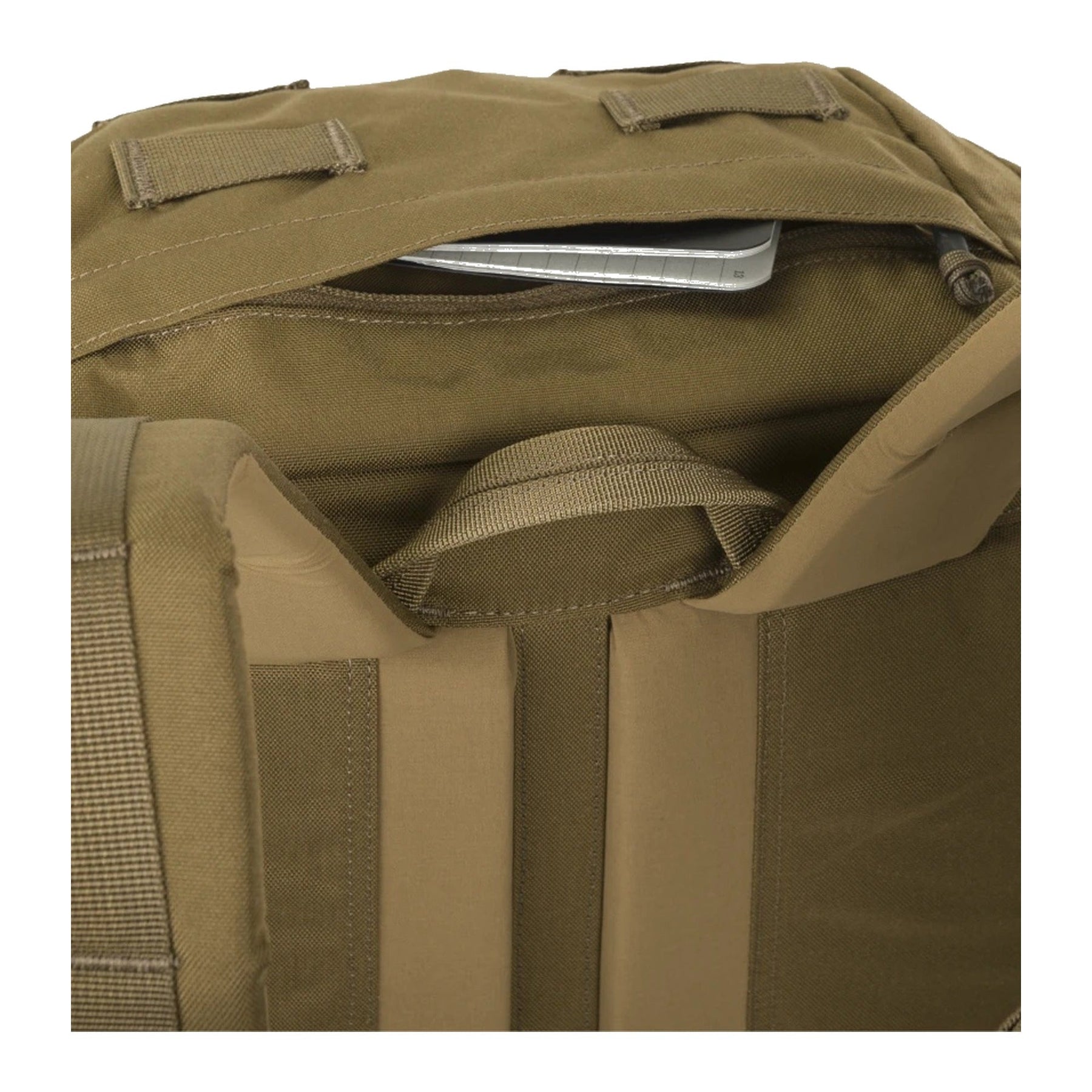 Zaino bushcraft Helikon-Tex Bergen Backpack da 25 litri in Cordura 500D, con tasche passanti per l'ascia, camino regolabile, scomparto per sacca idrica e cinghie di espansione, dettaglio dello zaino