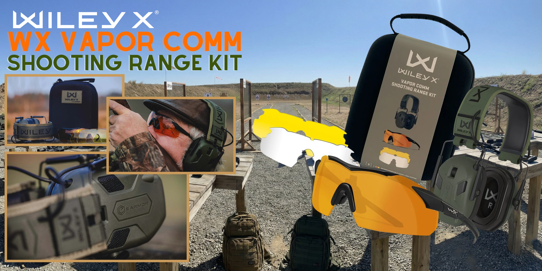 Wiley X WX Vapor Comm Shooting Range Kit Set professionale per la protezione dell'udito e della vista composto da occhiali balistici con lenti intercambiabili ad alto contrasto e cuffie elettroniche Earmor attive ideale per sessioni di tiro dinamico e addestramento tattico in poligono