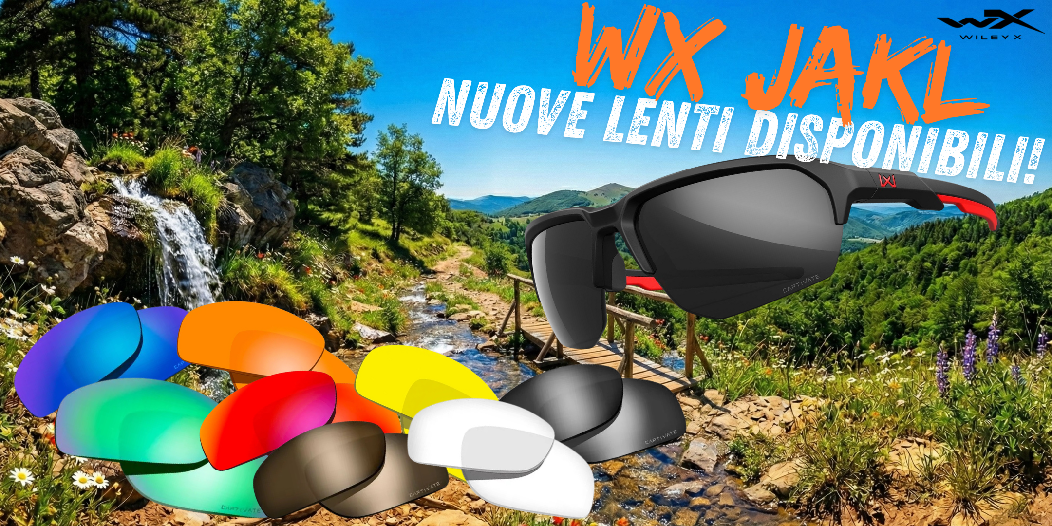 Wiley X WX JAKL Occhiali balistici tattici. Nuova disponibilità ampia gamma lenti intercambiabili tecnologia Captivate per diverse condizioni di luce e contrasto. Immagine mostra montatura sportiva nera con dettagli rossi e assortimento lenti di ricambio su sfondo naturalistico.