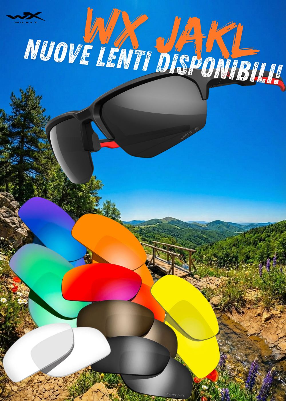 Wiley X WX JAKL Occhiali balistici tattici. Nuova disponibilità ampia gamma lenti intercambiabili tecnologia Captivate per diverse condizioni di luce e contrasto. Immagine mostra montatura sportiva nera con dettagli rossi e assortimento lenti di ricambio su sfondo naturalistico.