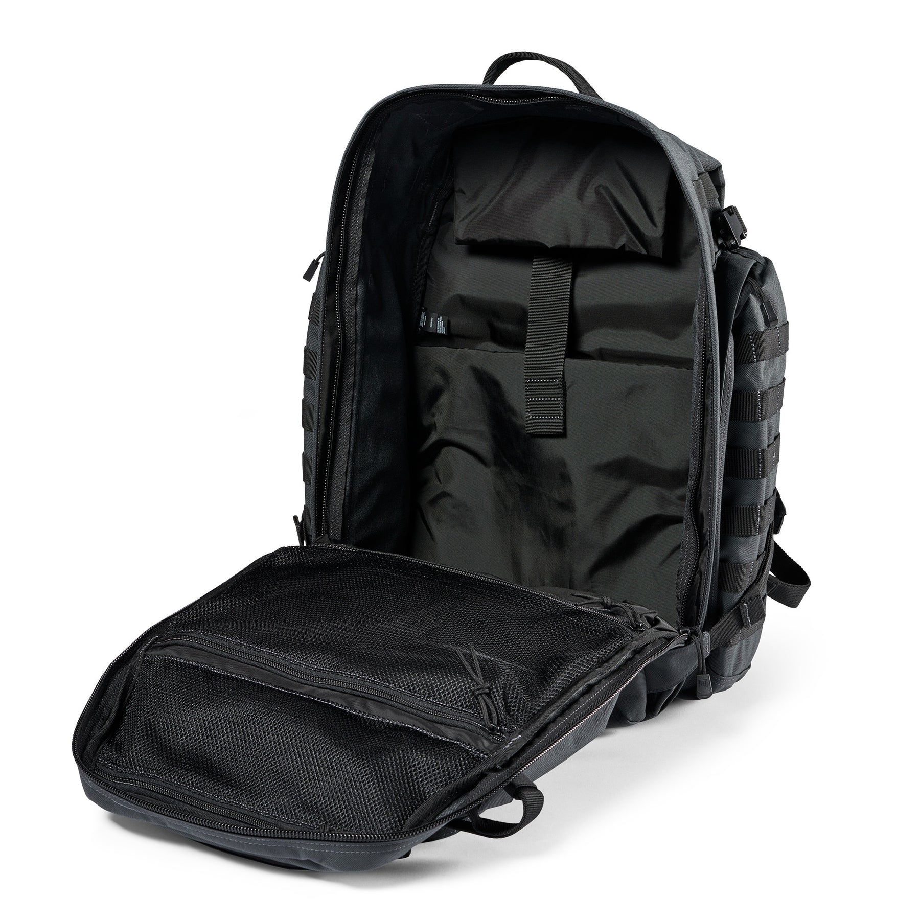 Zaino RUSH72 2.0 di 5.11 Tactical Double Tap (grigio e nero) - vista interno con tasca imbottita per laptop