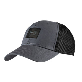 cappellino 5.11 legacy box trucker grigio - vista frontale e visiera con patch