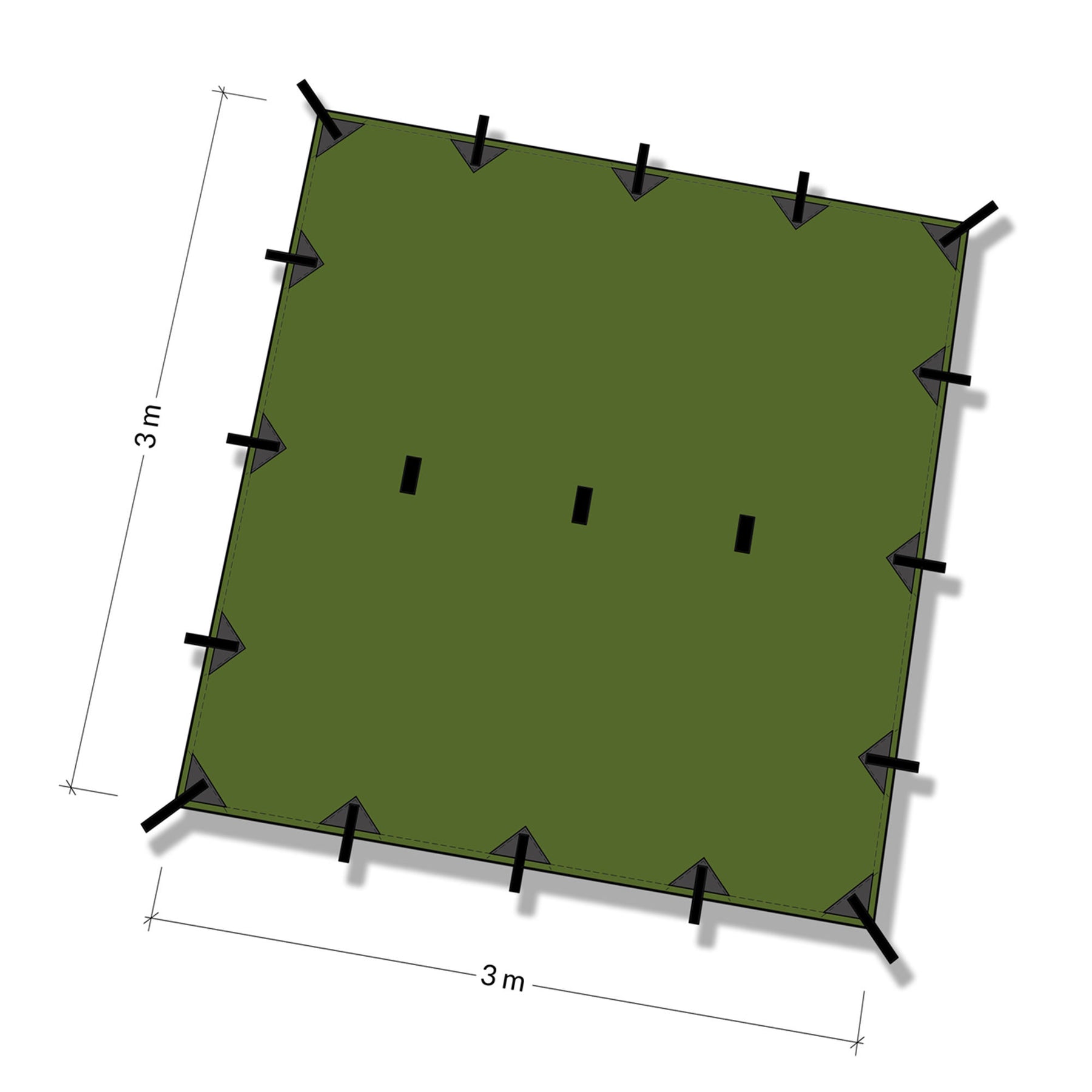 DD Tarp 3x3 olive green - illustrazione con quote per misura in metri