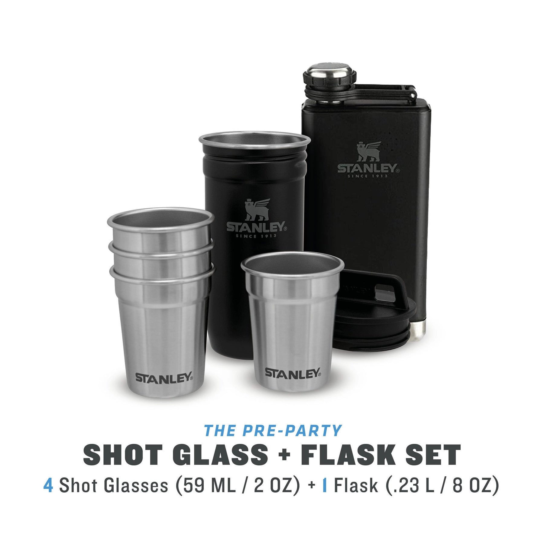 Stanley Adventure Pre-Party Shot Glass - Flask Set Matte Black Pebble infografia