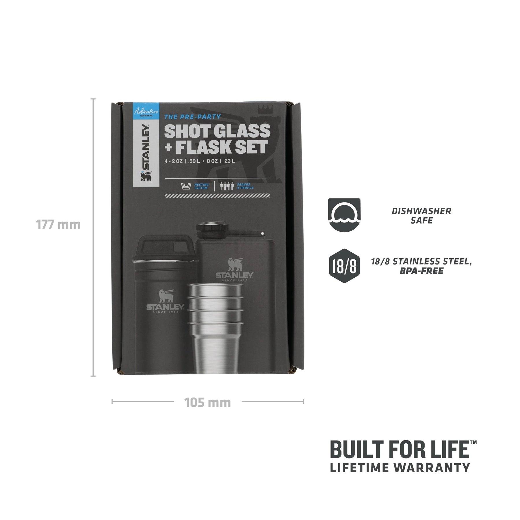 Stanley Adventure Pre-Party Shot Glass - Flask Set Matte Black Pebble confezione