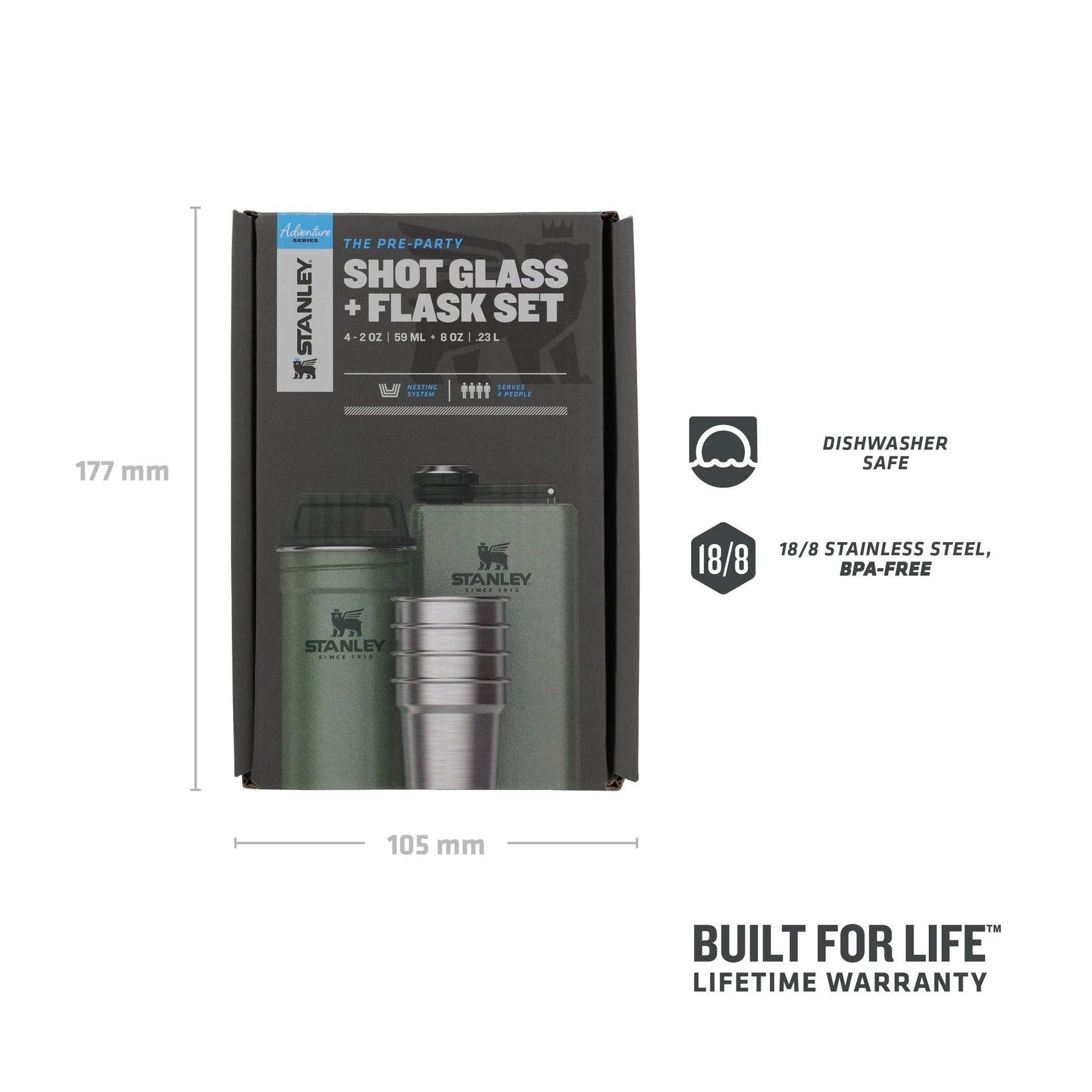 Stanley Adventure Pre-Party Shot Glass - Flask Set Hammertone Green confezione